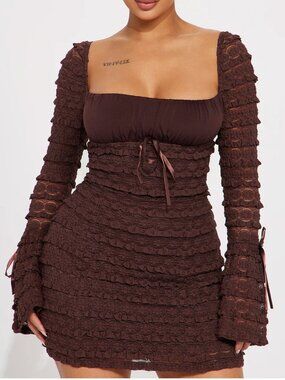 Espresso Lace Mini Dress - Brown, Country Dress, Off the shoulder dress